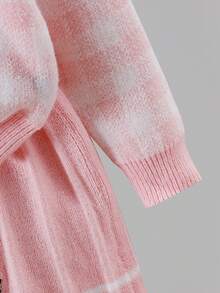 Sweetra Young Girl Autumn/Winter Casual Commuting School Style Rabbit Embroidery Gingham Pattern V-Neck Sweater And Pleated Skirt Set Fall - Pink - View 4