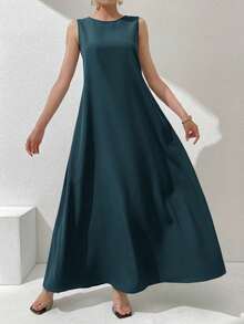 Al Najma 大码女式纯色圆领无袖优雅简约阿拉伯风格连衣裙 - 彩色 - 查看 4