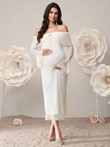 SHEIN Maternity Clothes Maternity Dress Elegant Summer White Jacquard Textured Off-Shoulder Flared Sleeve Fitted Dress - Apricot - View 7