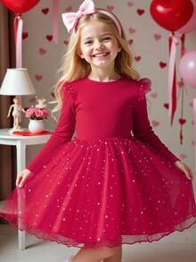 Young Girl Cap Sleeve Star Print Mesh Dress, Spring/Autumn - Burgundy - View 5
