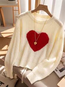 Franclia 柔软圆领撞色爱心提花套头毛衣，女士春秋新款，叠穿针织上衣