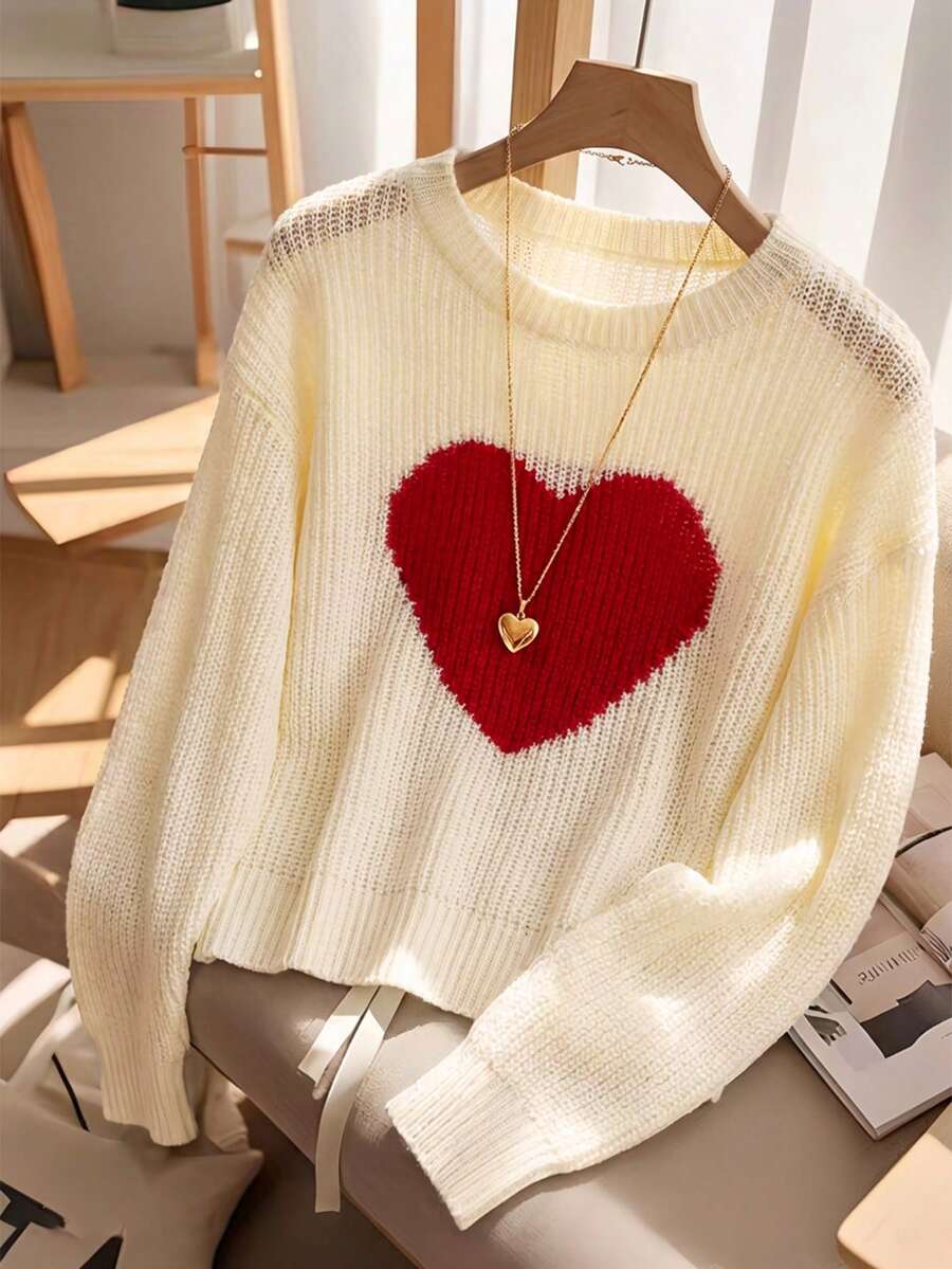 Franclia 柔软圆领撞色爱心提花套头毛衣，女士春秋新款，叠穿针织上衣