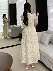 DAZY Women Floral Embroidery Front Tie Puff Sleeve Blouse And Mini Skirt 2 Pieces Set - Apricot - View 2