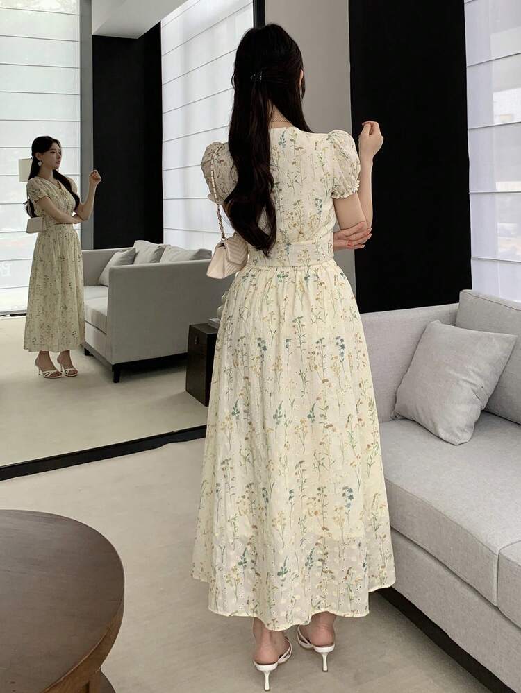 Women Floral Embroidery Front Tie Puff Sleeve Blouse And Skirt 2 Pieces Set