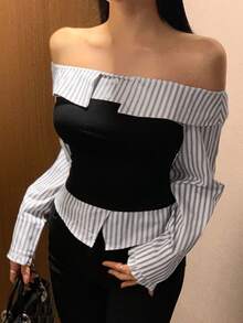 DAZY 修身时尚撞色条纹露肩长袖上衣 - 黑色 - 查看 7