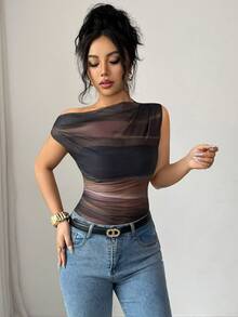 Elenzga Women's Knitted Digital Printed Off-The-Shoulder Elegant And Fashionable Summer T-Shirt - Black - View 3