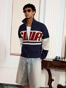 SWAVVY Cárdigan de punto casual con estampado de letras de manga larga para hombre, adecuado para otoño/invierno - Azul Marino - Ver 5