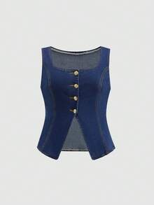 SHEIN MOD Áo sơ mi denim cài nút dáng rộng cho nữ cỡ lớn, áo mùa hè, áo mùa xuân, trang phục lễ hội cho nữ, áo đi biển, áo vest denim không tay dáng rộng, thanh lịch, cổ vuông và cài nút phía trước, áo kiểu dáng thường ngày. - Rửa trung bình - Xem 7