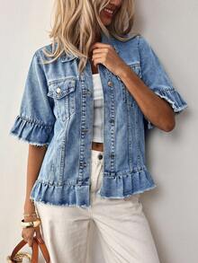 EMERY ROSE Casual Fashion Front Closure Frayed Hem Plus Size Denim Jackets,Fall Clothes For Women Jean Jacket Women Ruffle Denim Jacket Fringe Denim Jacket Cropped Denim Jacket - Blue - View 5