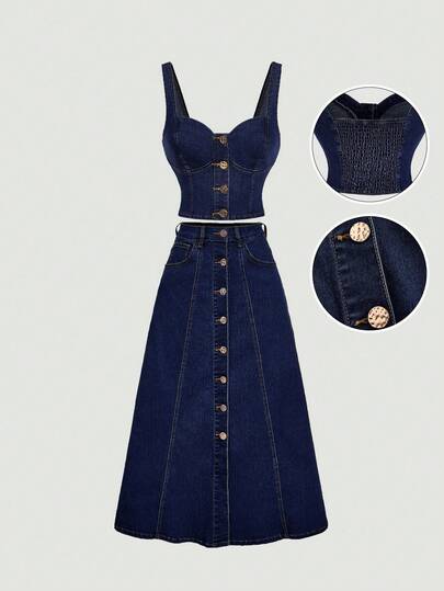 SHEIN MOD Women's Solid Color Front Button Camisole And Denim Skirt Casual Suit