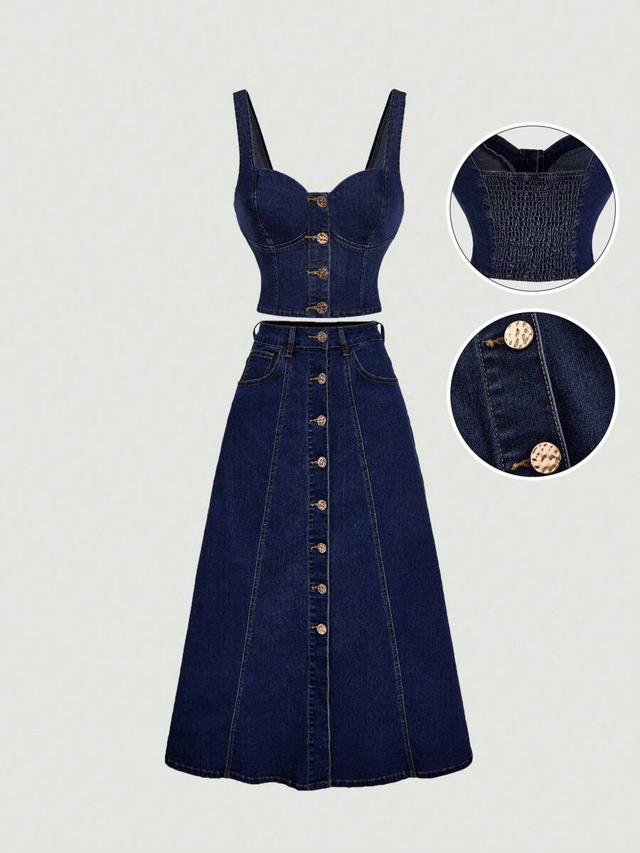 SHEIN MOD Women's Solid Color Front Button Camisole And Denim Skirt Casual Suit - Dark Wash - View 1
