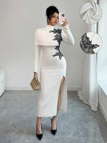 Elenzga 女士优雅、时尚、百搭、舒适、迷人、复古、浪漫、温柔、淑女、简约、高端长袖圆领褶皱鱼尾开衩下摆修身连衣裙，采用不对称肩部设计和花卉图案印花 - 杏色 - 查看 1