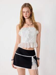 Ardnt Elegant French Style Lace Design Versatile Casual Chic Girly Sexy Asymmetrical Ruffle Hem Sweet Women Top, Spring/Summer - White - View 4