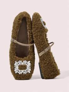 CUCCOO DOLLMOD Mocasines planos de felpa con decoración de strass ajustable para mujer, adecuados para el uso diario, otoño/invierno - Marrón - Ver 2