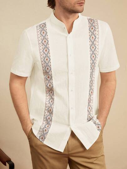 HIMLAND Camisa de manga corta con cuello mao, estampado geométrico de retazos, estilo de vacaciones de verano para hombres