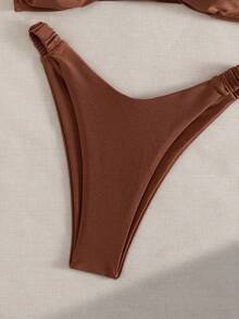 Swim Chiccia New Arrival Women's Elegant Chic Mocha Brown Lustrous Shiny Fabric Bikini Set/Swimwear, Women's Twist Front Bandeau Swim Top With Ruched Adjustable Straps & High Leg Cheeky Brazilian Bottoms, Stylish Swimwear, Casual Cute And Playful Y2K Spice Hot Girl Style Beachwear For Music Festival, Spring/Summer Beach Vacation & Pool Party, Island Vacay&Mod Vibes - Brown - View 7