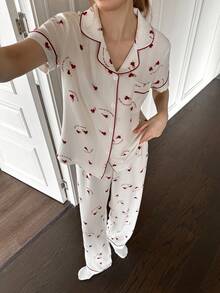 Dream Adore Heart Print Lapel Women Pajama Set - Apricot - View 4