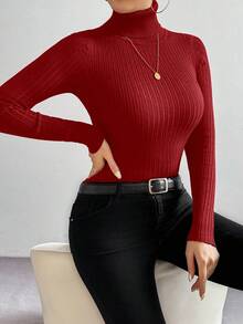 RosyDaze Sweater Lengan Panjang Slim Fit Warna Polos Model Turtleneck Minimalis Klasik - Merah - View 4