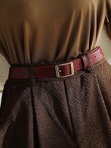 SHEIN Franclia 女士两件套：圆领长袖百搭T恤和高腰裤，配有预装棕色皮带，休闲时尚日常穿着 - 彩色 - 查看 5