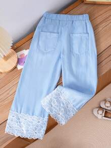 SHEIN 女童百搭时尚做旧直筒蓝色牛仔裤 - 淺藍色 - 查看 2