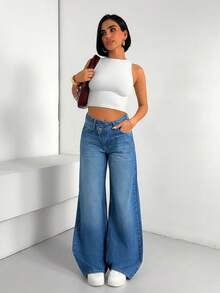 SHEIN Cottnline Quần jeans ống rộng cạp lệch dáng casual, giặt mài - Rửa nhẹ - Xem 3
