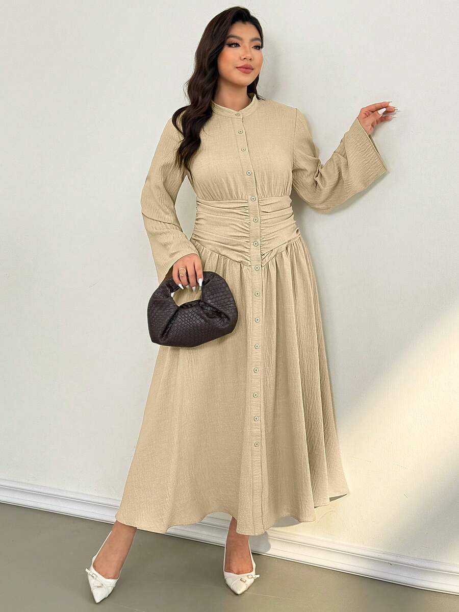 Auralis Sukienka damska w dużym rozmiarze, elegancka, swobodna, z długim rękawem, odpowiednia na wiosnę, lato, jesień i zimę, idealna do noszenia na co dzień i na wakacje - Kolor khaki - Zobacz 1