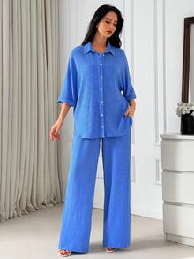 EURMUSE Casual Blue Rhinestone Embellished Button-Up Short Sleeve Top And Wide-Leg Pants Set Loose Fit - Blue - View 3