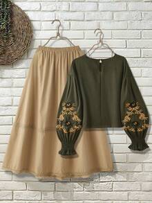 SHEIN Franclia Bộ đồ nữ cổ tròn tay phồng thêu ren phối ren thanh lịch kiểu vintage 2 mảnh - màu xanh lá - Xem 2