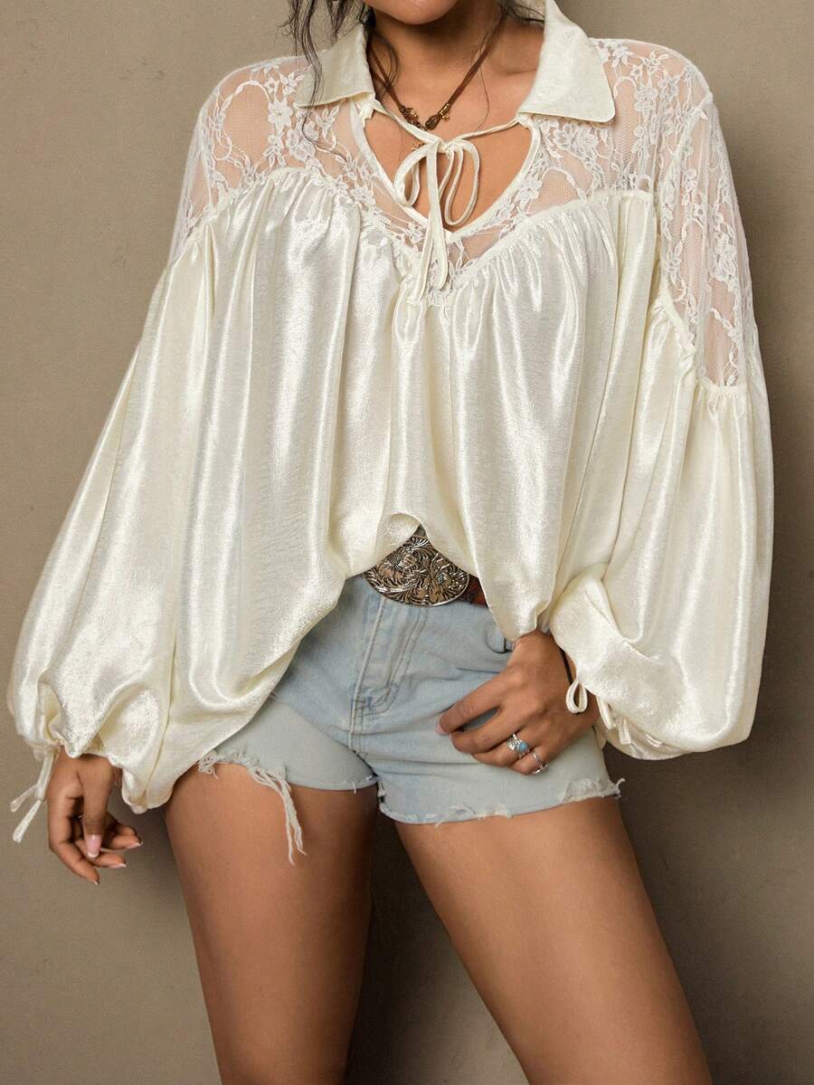 SHEIN LUNE 大码女式撞色蕾丝长袖系带优雅衬衫，适合夏季、圣帕特里克节、复活节、春季等场合。白色上衣，白色衬衫，适合度假、夏季、情人节等场合。奶油色蕾丝衬衫，波西米亚风蕾丝上衣。