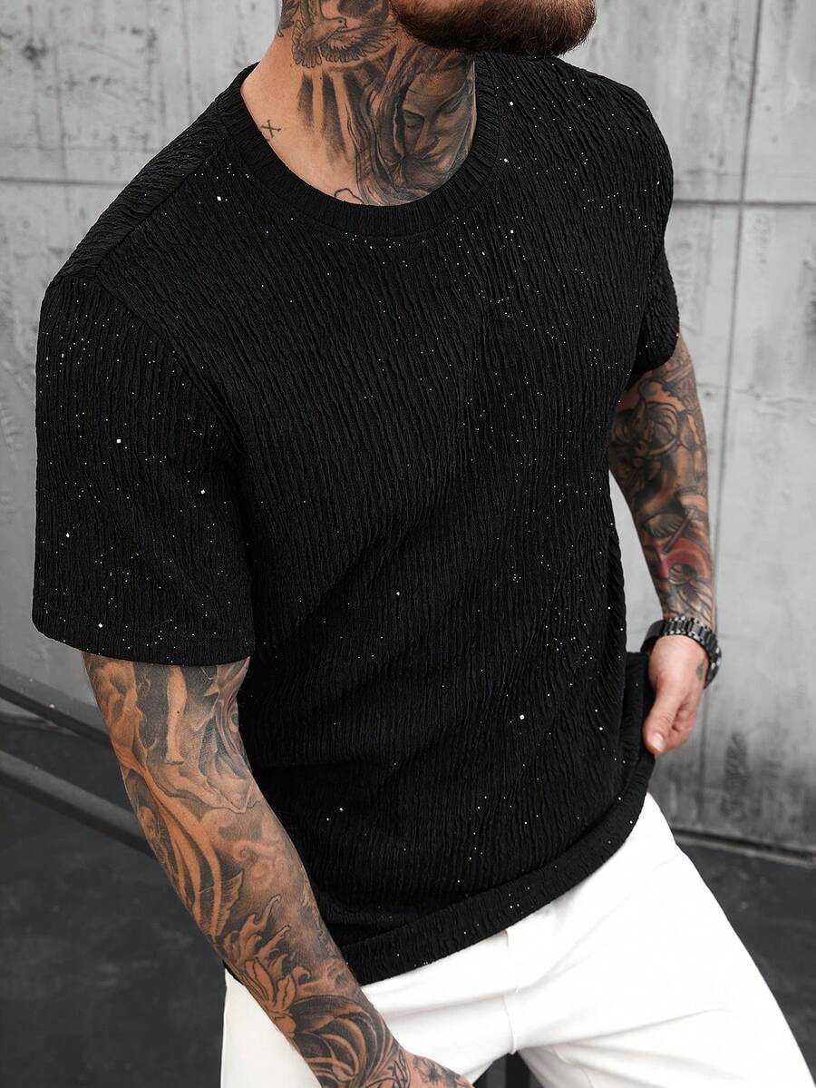 SLATEMANN Men's Comfortable Crinkle Fabric Glitter Short Sleeve Crew Neck T-Shirt,Casual Vacation Yamamoto Series Top For Party,Dining,Cocktail Party&Salon - Black - View 1