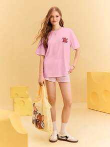 TOM & JERRY X SHEIN Women's Casual Cartoon Pattern Round Neck Short Sleeve T-Shirt, Summer - Pink - View 6