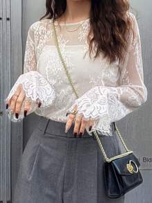 FRIFUL Women's Round Neck Mesh Sleeve Asymmetrical Lace Decor Loose Casual Top, Suitable For Summer Vacation - White - View 5