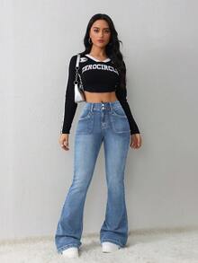 SHEIN Tall Quần jeans nữ dáng ôm, co giãn, ống loe. - Rửa nhẹ - Xem 7