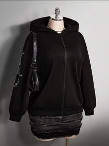 SHEIN ICON 大码女式休闲连帽衫，饰有水钻，前拉链 - 黑色 - 查看 10