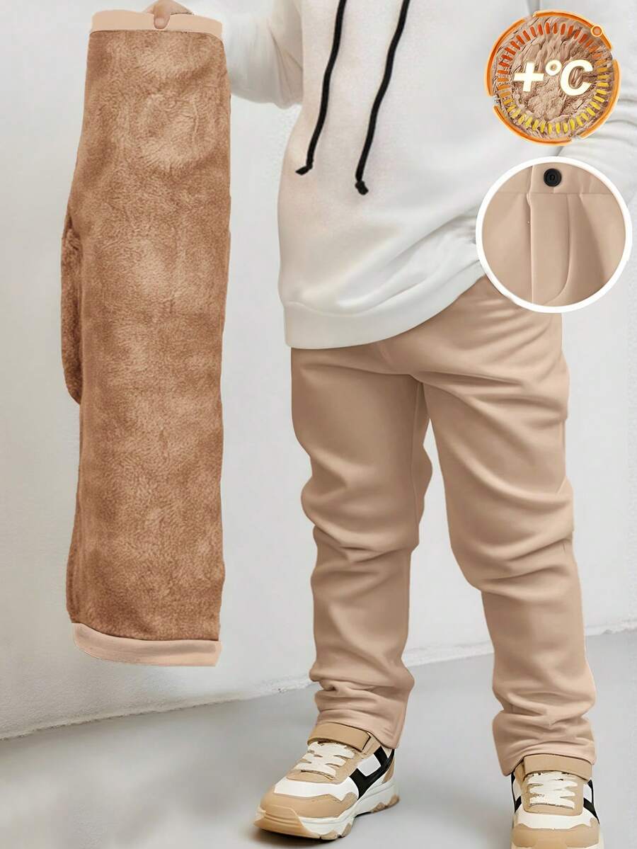 TaviRue Young Boy Casual Plain Straight Fit Thermal Lined Pants For School, Garden, Birthday, Fall, Halloween, Christmas, Thanksgiving, Autumn Winter Season Winter Pants Thermal Lined Pants Grade School Boys Khaki Joggers Casual Pants - Apricot - View 1