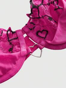 ROMWE Kawaii Bộ đồ lót gợi cảm gồm áo ngực có gọng, quần lọt khe và dây nịt họa tiết trái tim lãng mạn, thêu lưới. - Hồng - Xem 4