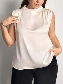 Comfylo 大码女式纯色立领优雅白色办公室情人节度假衬衫 - 杏色 - 查看 4