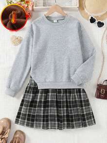 Emery Rose Kids Emery Rose Kids Đầm dài tay phối màu cho bé gái tuổi teen, đầm đi học, đầm nỉ, thích hợp cho mùa thu/đông. - Xám - Xem 2