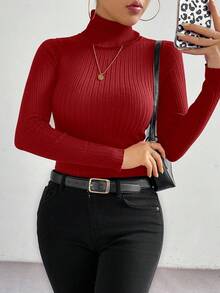 RosyDaze Sweater Lengan Panjang Slim Fit Warna Polos Model Turtleneck Minimalis Klasik - Merah - View 5