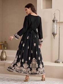 Al Najma Robe à manches longues col rond imprimé couleur contrastée style arabe pour femmes - Noir - Voir 7