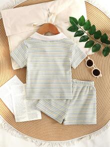 SHEIN Vintaside Kids 男婴春季休闲宽松短袖POLO领提花针织POLO衫+提花针织宽松短裤POLO套装，适合日常或休闲度假场合 - 綠色 - 查看 2