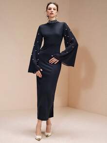 Arave Robe élégante pour sortie en soirée avec manches raglan en tricot et mousseline, taille cintrée, col montant orné de perles, manches évasées, patchwork de design