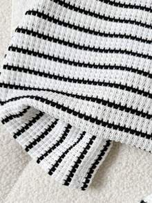 2pcs/Set Teen Girls' Casual Striped Knit Crew Neck T-Shirt And Shorts Co-Ord Set, Black & White,Kids - Black and White - View 4