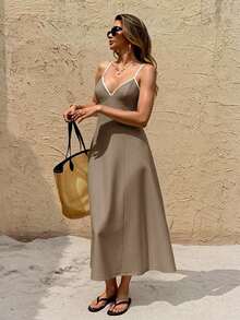 SHEIN Frenchy Women's Vacation Pocketed Strap Midi Dress - Coffee - View 1