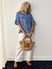 EMERY ROSE Plus Size Women's Casual Everyday Commute Ruffle Sleeve Raw Edge Loose Denim Jacket, Spring/Summer/Autumn - Medium Wash - View 2