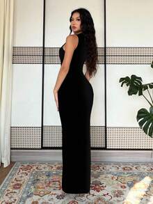 Rafferiza Petite 女款純色修身長洋裝，夏季長裙高挑款黑色緊身長洋裝，小個子女性適用 - 黑色 - 查看 2