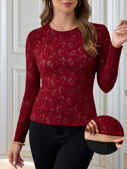Miaspire This Elegant Women's T-Shirt Features A Rich Burgundy Color, Perfectly Matching The Festive Atmosphere Of The New Year And The Romantic Style Of Valentine's Day. The Floral Pattern Is Made Of Lace In The Same Color Family, Delicate And Feminine. The Round Neck And Slim Fit Design Flatters The Figure And Exudes Elegance. Suitable For Spring And Autumn, It Can Be Paired With Black Trousers For A Smart Look During The New Year, Or Layered With A Jacket For Valentine's Day To Add A Touch Of Gentleness. It Is Suitable For Family Gatherings During The New Year And Dates On Valentine's Day. The Vibrant Burgundy Color Enhances The Festive Atmosphere, While The Delicate Lace Showcases Fashionable Taste. It Is A Top Choice For Your Wardrobe During The Holidays, Combining Romance And Quality.