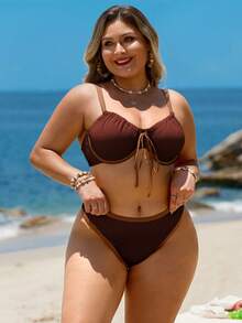Swim Lushoire Plus Size Textured Colorblock Steel Hoop Swimwear Set, Vacation - Coffee Brown - View 5