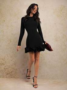 SHEIN Tall 秋冬夏圣诞服装 新年服装 新年连衣裙 甜美芭蕾舞裙 黑色连衣裙 优雅长袖连衣裙 - 黑色 - 查看 4