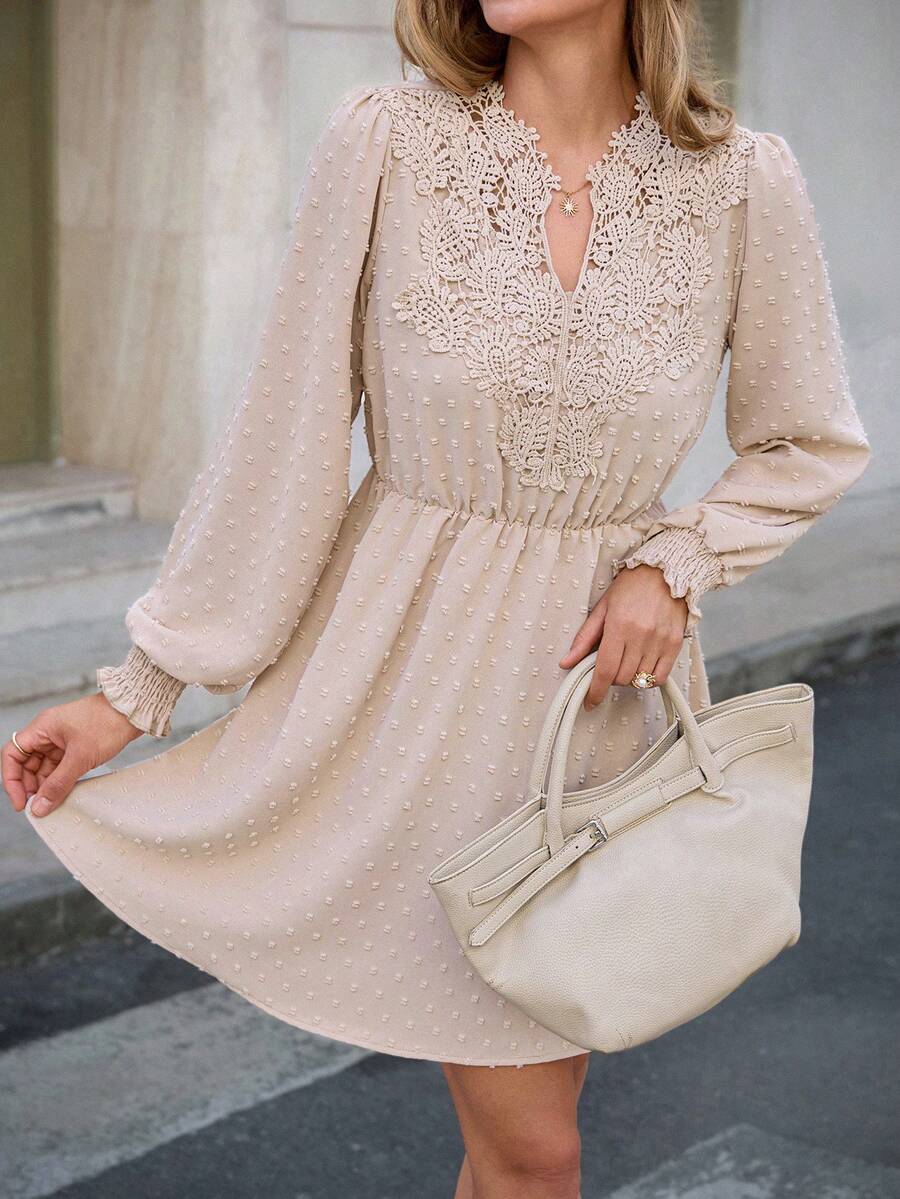 Louniche Women's Lace Collar Waist Flared Short Dress, Spring/Autumn - Khaki - View 1